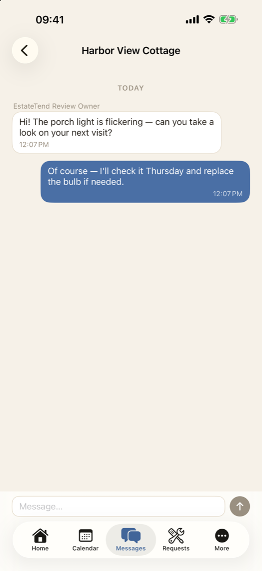 A message thread between an owner and their property manager in the EstateTend iPhone app