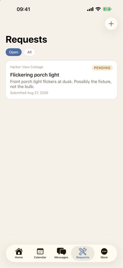 The service request list in the EstateTend iPhone app, with status filters