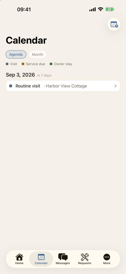 The EstateTend iPhone app calendar in agenda view, showing visits, service dates, and owner stays