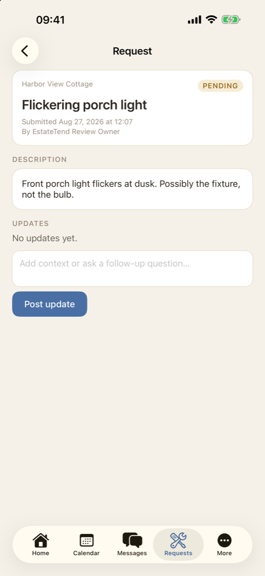 A service request seen from the owner side in the EstateTend iPhone app