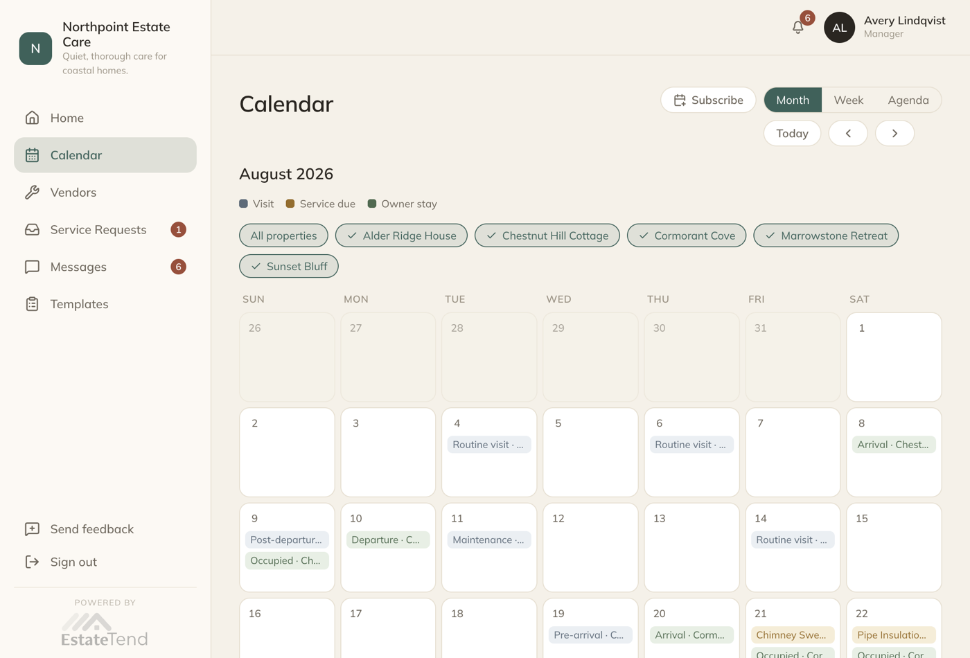 The EstateTend calendar showing visits, service due dates and owner stays across a month