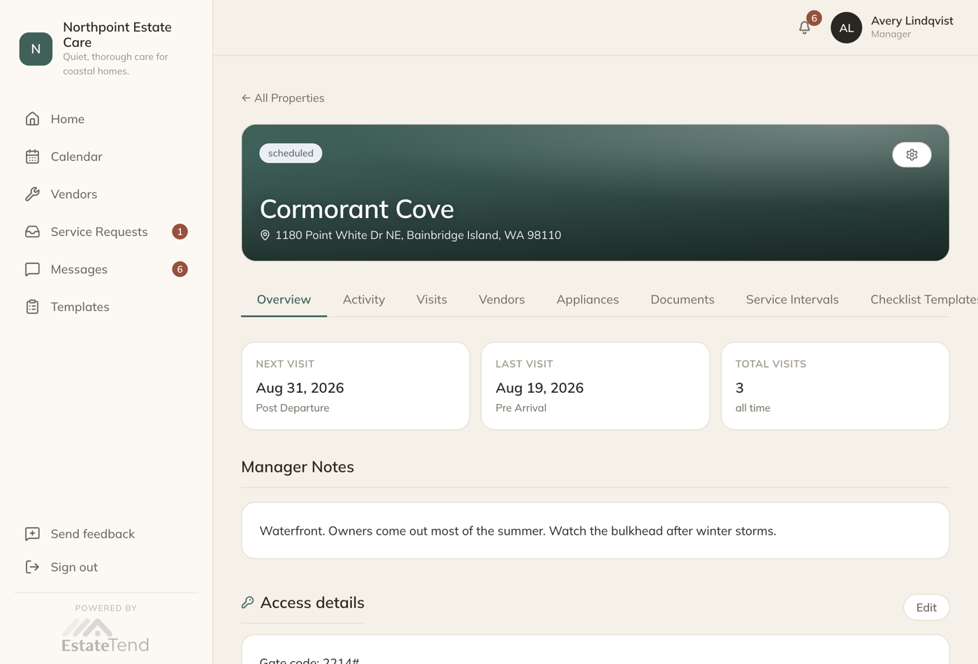 A property record with tabs for activity, visits, vendors, appliances, documents and service intervals