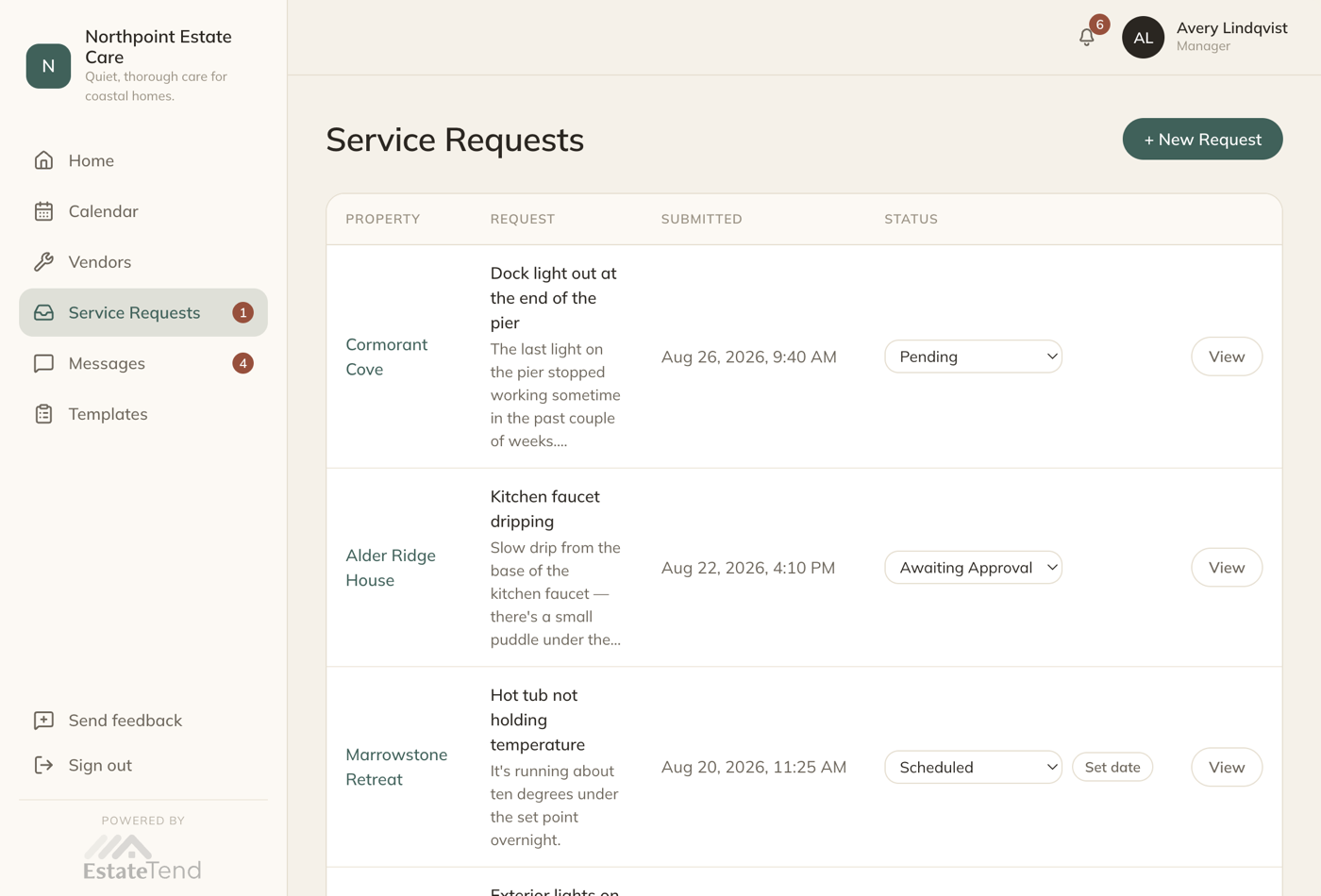 The service request queue with pending, awaiting-approval and scheduled items
